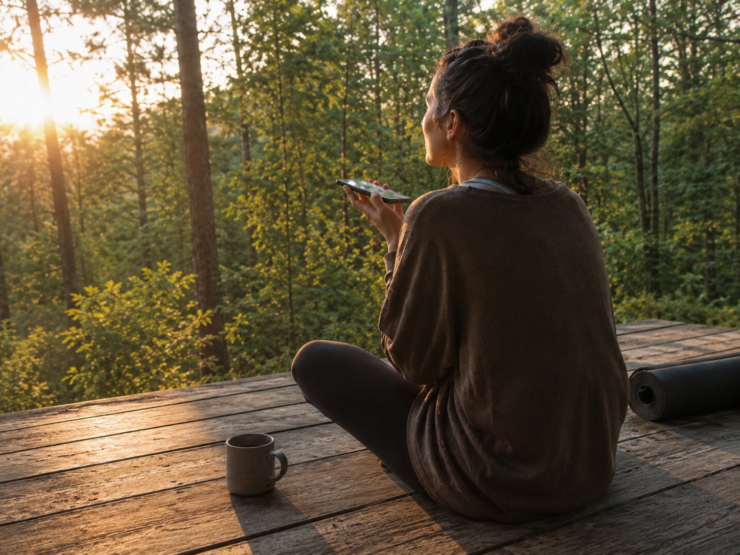 Yoga retreat owner recording a voice memo on her phone at sunrise to turn into a month of content