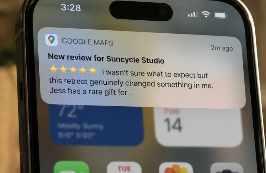 Google Maps new 5-star review notification for a yoga studio on a phone lock screen