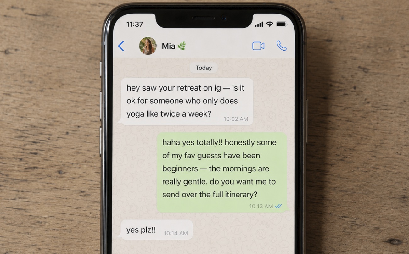 A potential retreat guest messaging on WhatsApp asking about the retreat — answered in minutes by AI