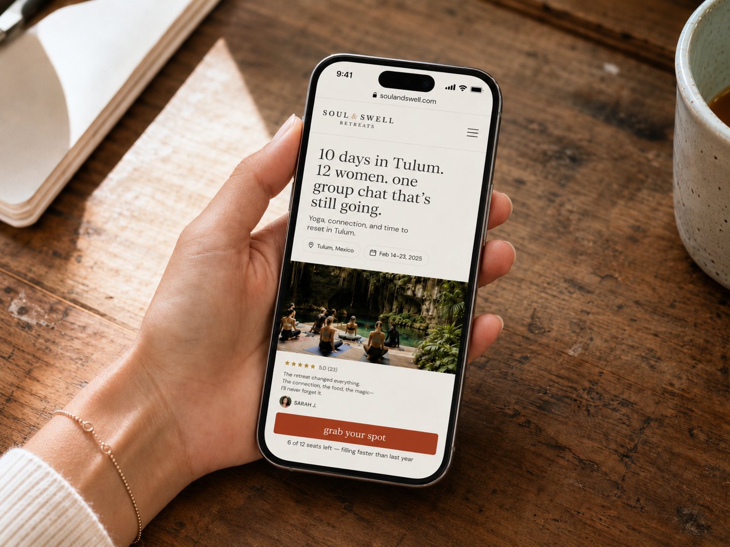 Yoga retreat landing page on a phone with a grab your spot booking button