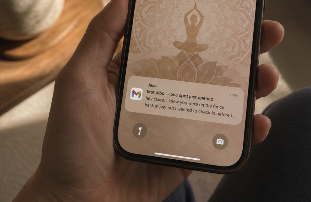 Email notification on a phone about a retreat seat opening up for a waitlisted guest